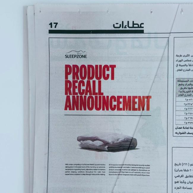 Product Recall Announcement Sleepzone World Cup 2026 Campaign 4