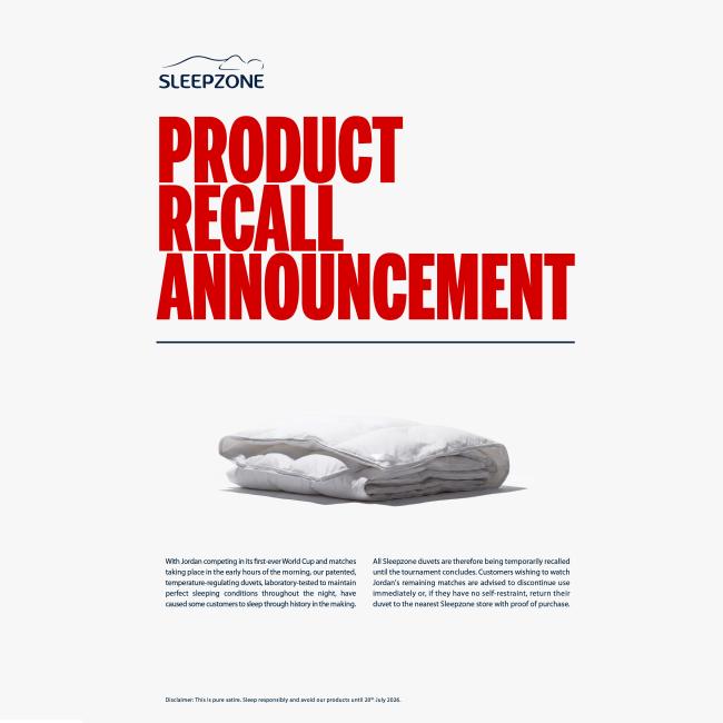 Product Recall Announcement Sleepzone World Cup 2026 Campaign 3