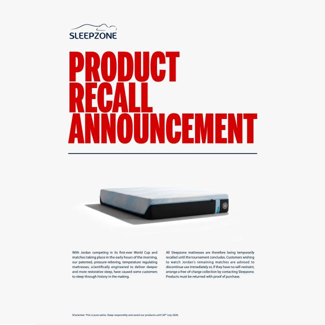 Product Recall Announcement Sleepzone World Cup 2026 Campaign 2