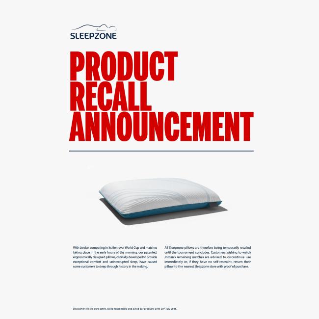 Product Recall Announcement Sleepzone World Cup 2026 Campaign 1